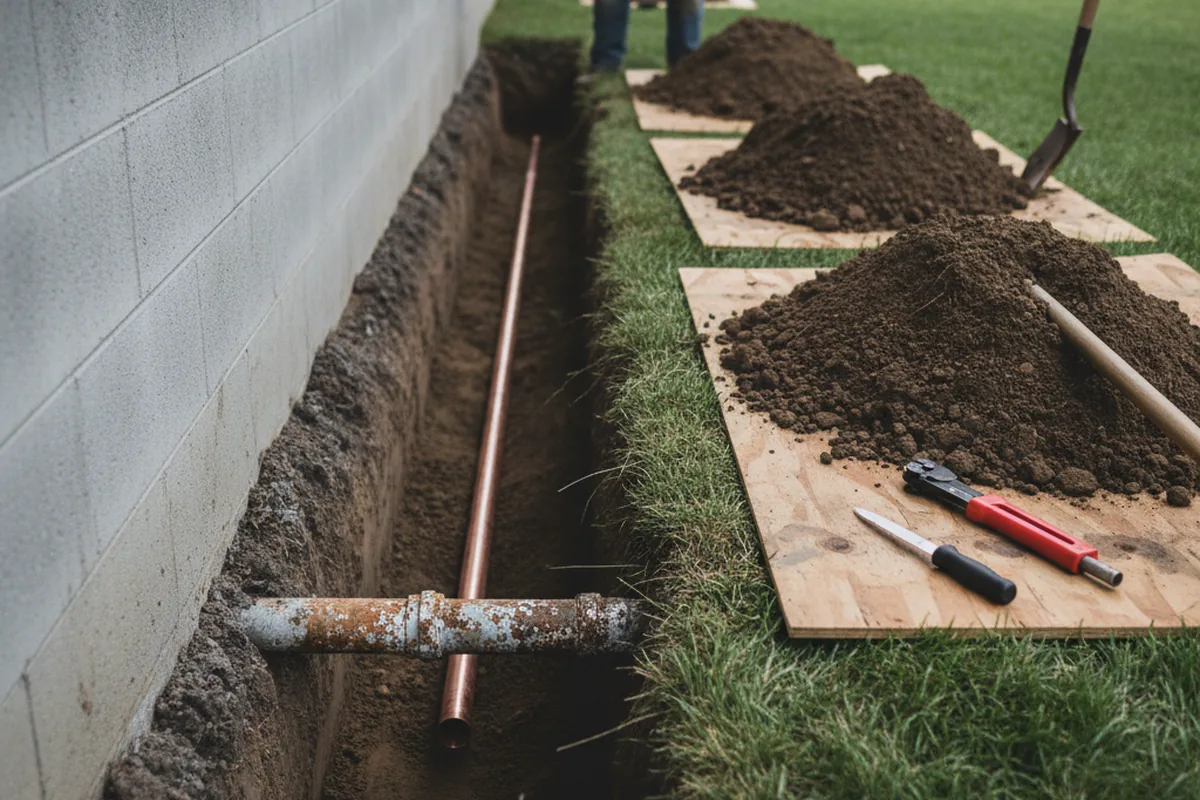 Excavated water line trench during Sewer Line Repair in Bardwell
